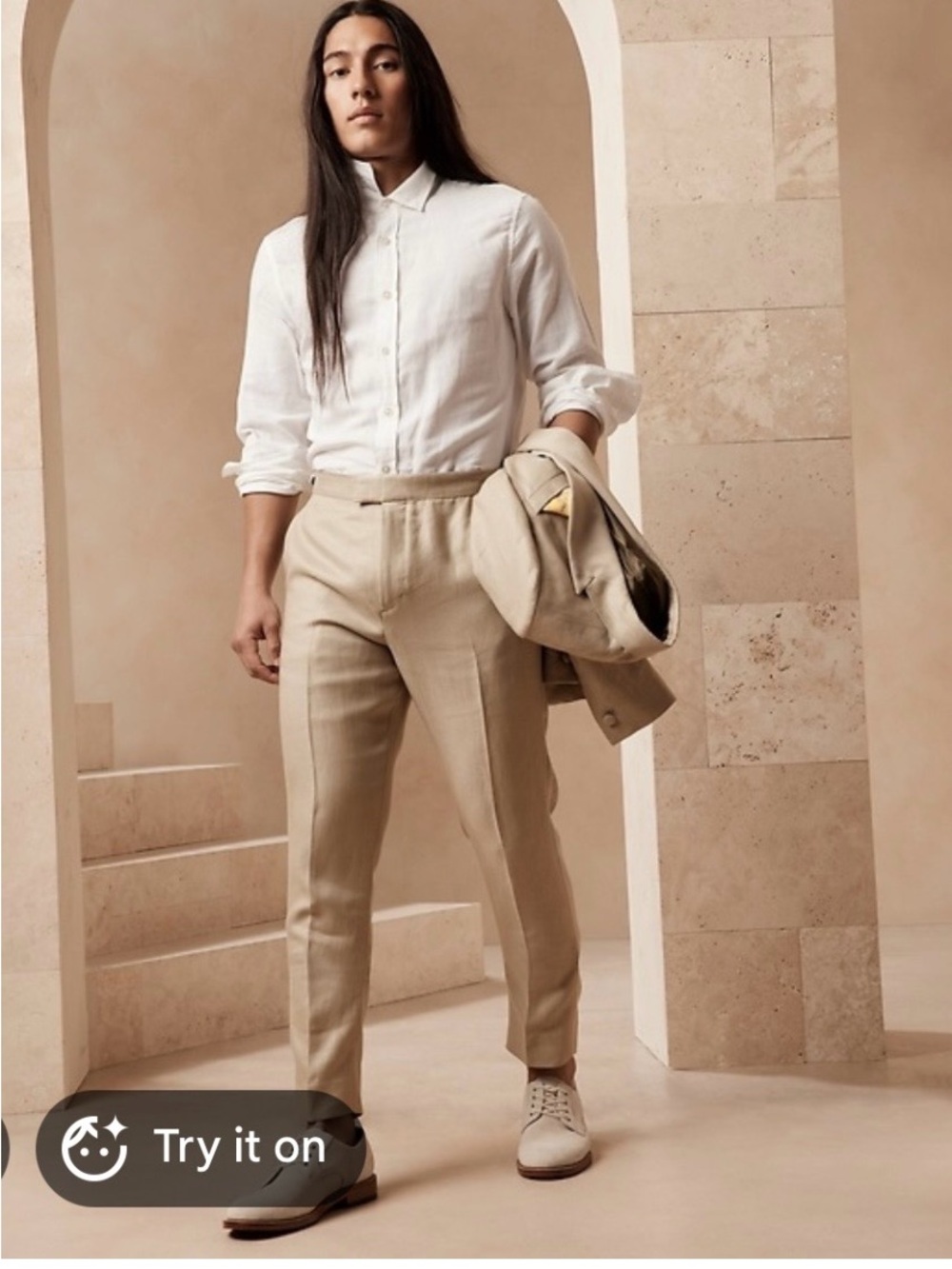Banana Republic Irish Linen Tapered Tuxedo Pants in Light Beige